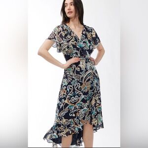 Chico's Faux Wrap Paisley Ruffle Classic Navy and Cream Paisley Dress.